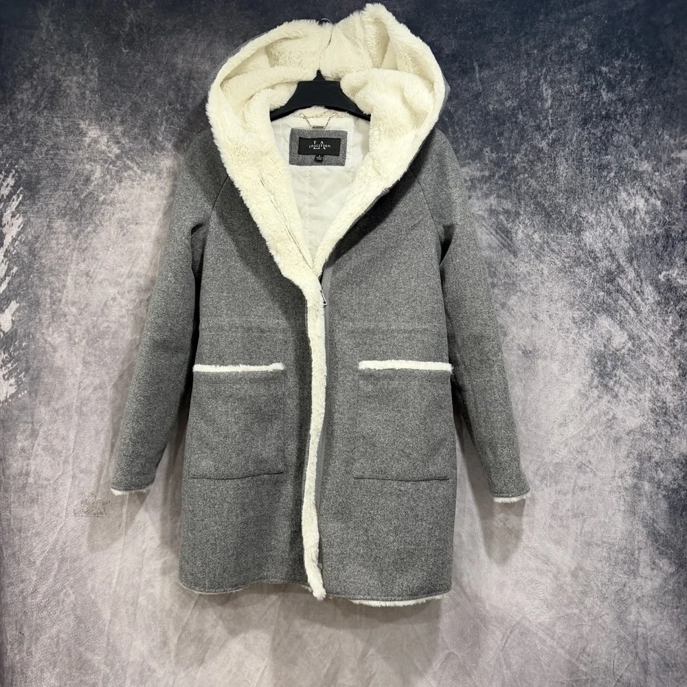 Coalition LA Women's Gray Coat Cream Faux Fur Sherpa Hooded Zip Jacket Small